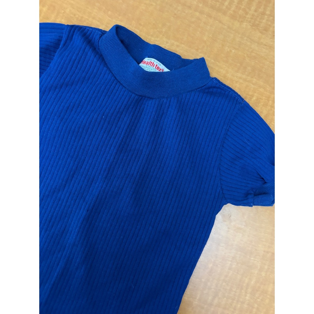 Vintage Health-tex Kids Royal Blue Ribbed Mock Neck Short Sleeve Top Size 24 Mo